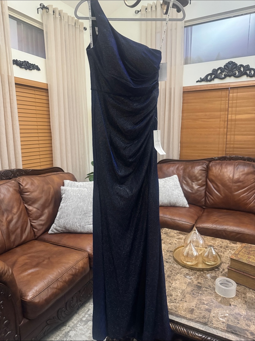 One-Shoulder Navy Evening Gown with Subtle Shimmer